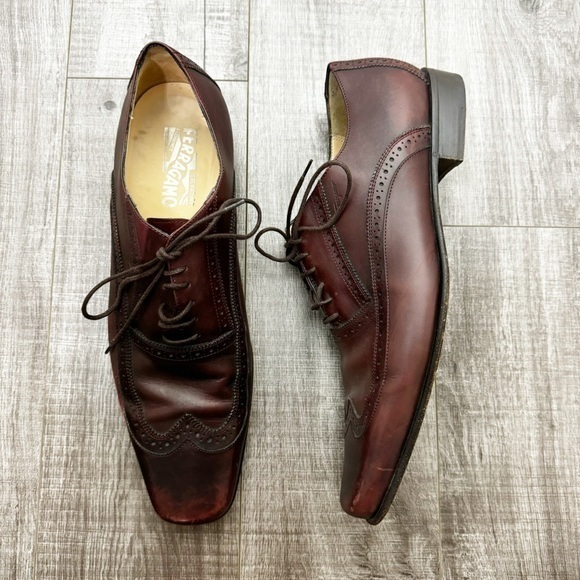 Salvatore Ferragamo Brown Wing Tip Square Toe Lace Up Dress Shoes Size 11 - Picture 1 of 7